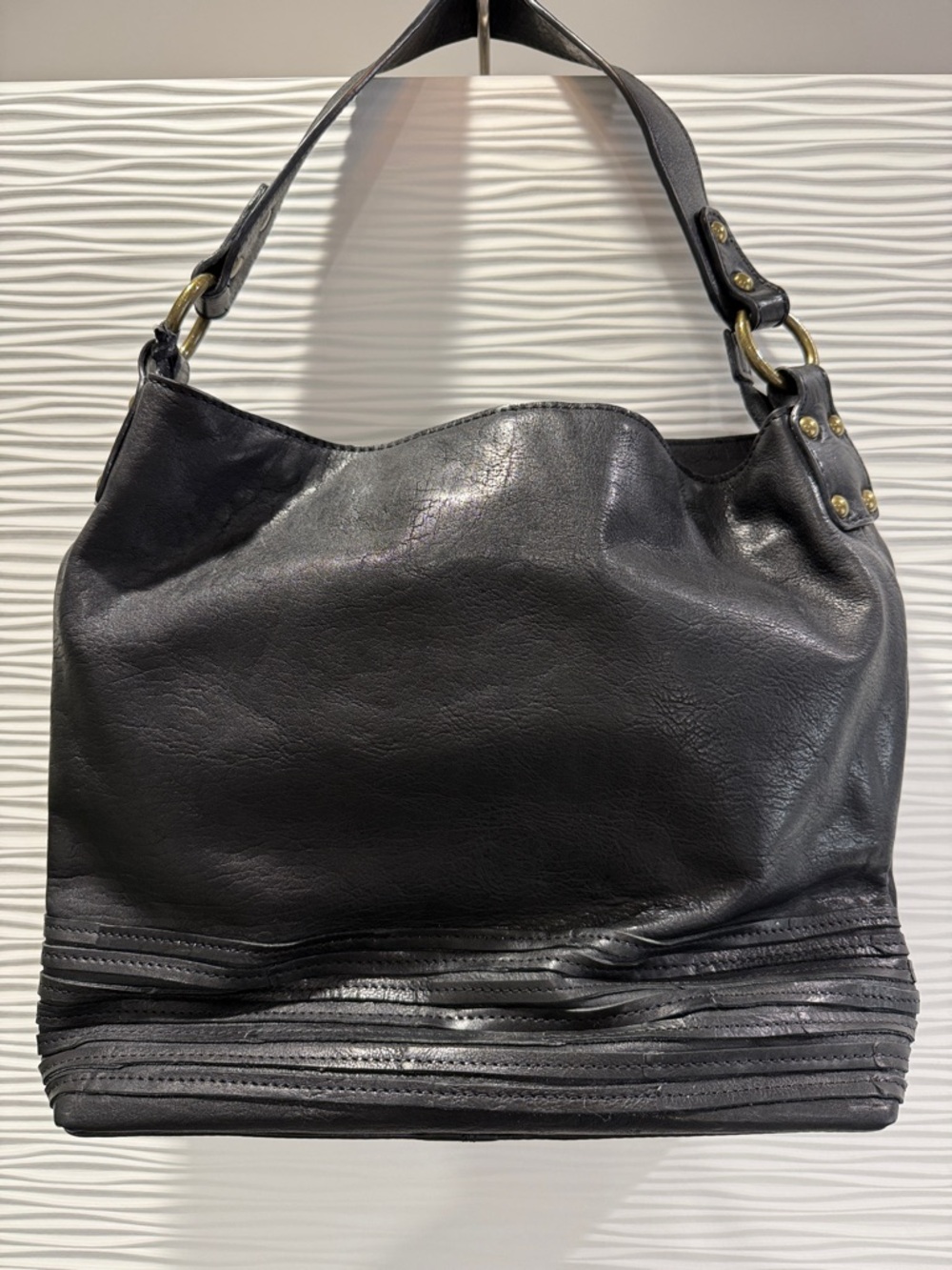 Black Leather Shoulder Hobo Bag with Brass Accents